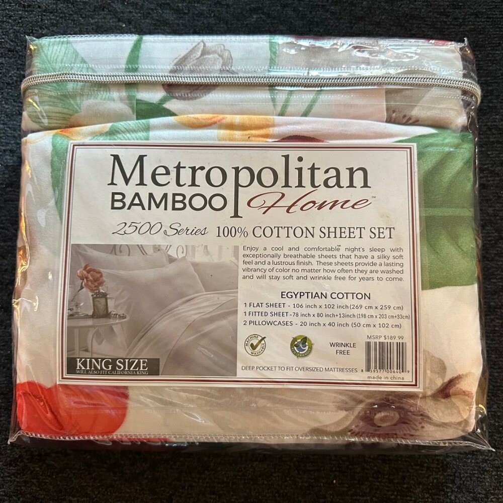 Metropolitan Bamboo Home King Sheet Set 2500 T.C. Egyptian Cotton- White Flowers